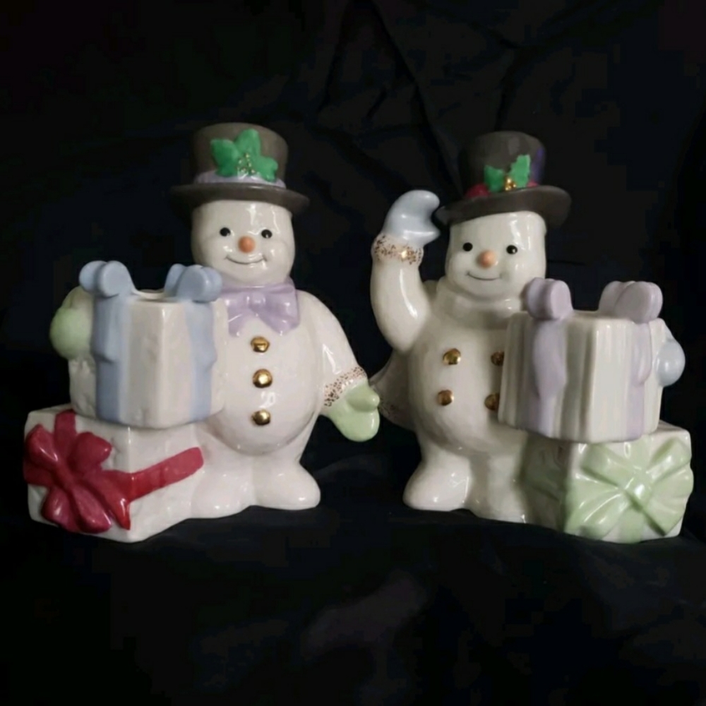 LENOX The Snowman Candlesticks 1999 Christmas Gold Trimmed Porcelain Figurine